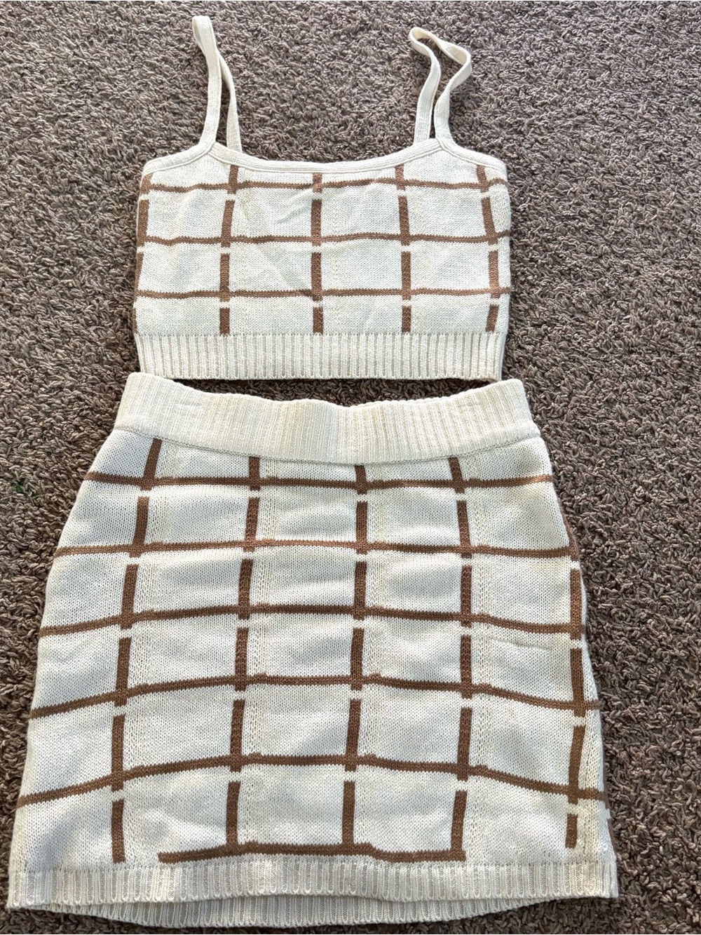 Mimi Chica Cream & Brown Windowpane Knit Skirt Set
